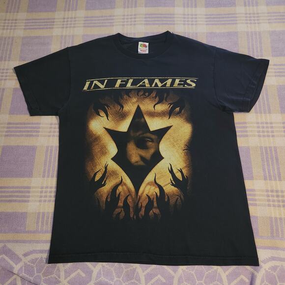 Rare VTG CYGNUS In Flames Concert Tour Big Face T Shirt 90s 2000s Heavy Metal L - Picture 1 of 10